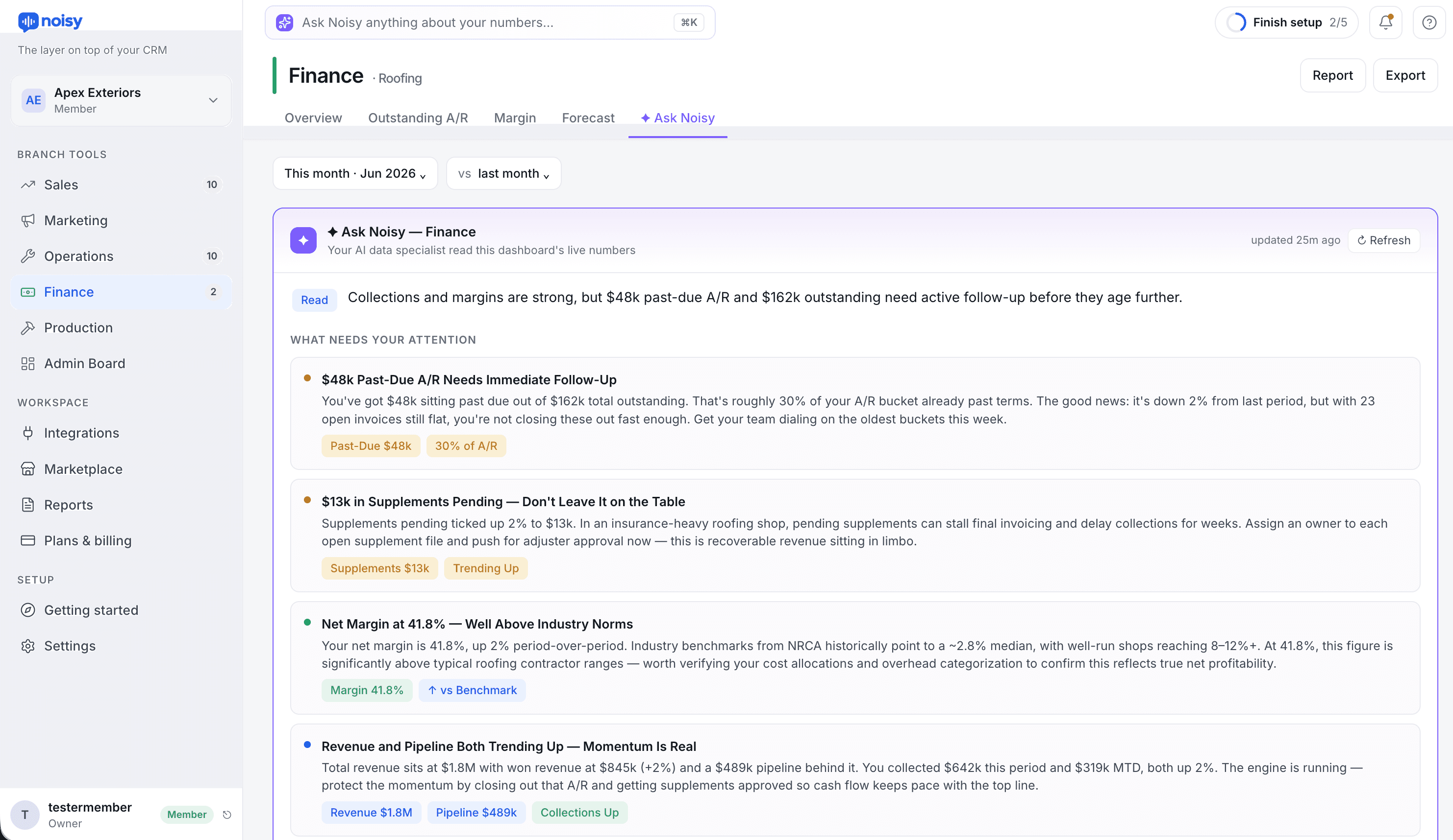 Ask Noisy answering a question about financials in plain English